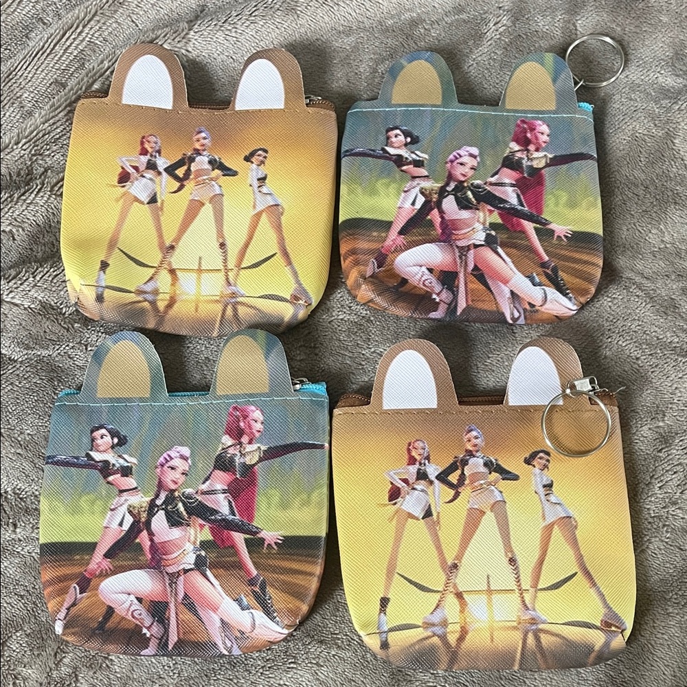 K-pop demon hunters set of four Printed Coin Purse with Key Ring nwt